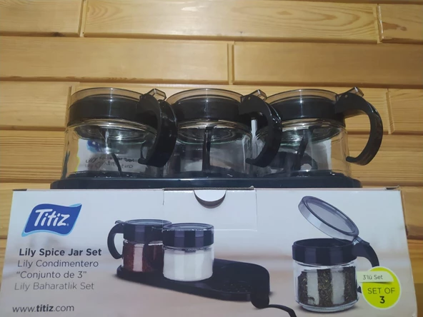 Stantlı 3lü Set Kaşıklı Baharatlık Set 3'lü Şekerlik Siyah - 5