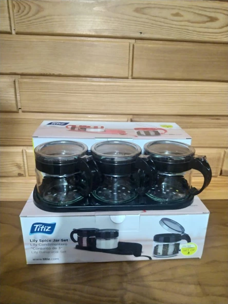 Stantlı 3lü Set Kaşıklı Baharatlık Set 3'lü Şekerlik Siyah - 4