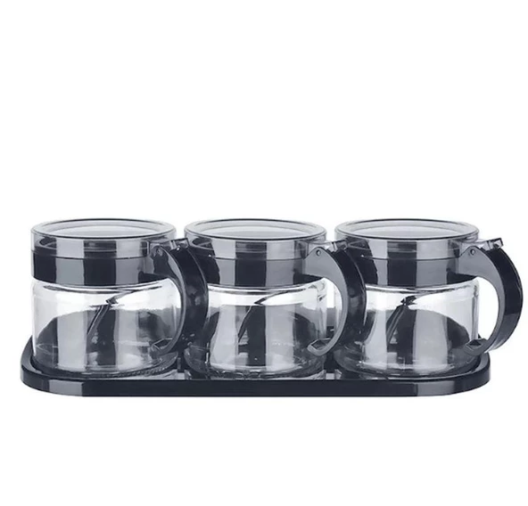 Stantlı 3lü Set Kaşıklı Baharatlık Set 3'lü Şekerlik Siyah - 3