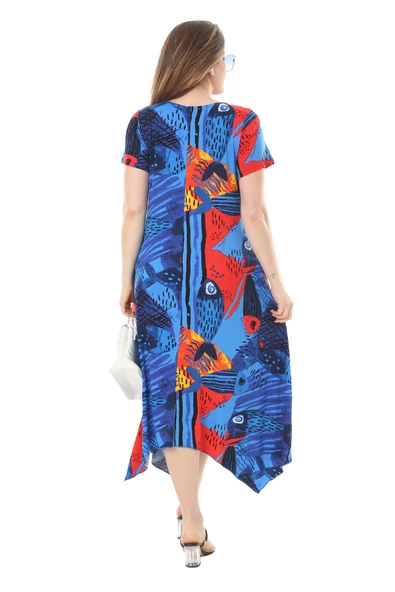 Melsay Butik Sax Balık Desen Asimetrik Kısa Kollu Elbise - Resim 6
