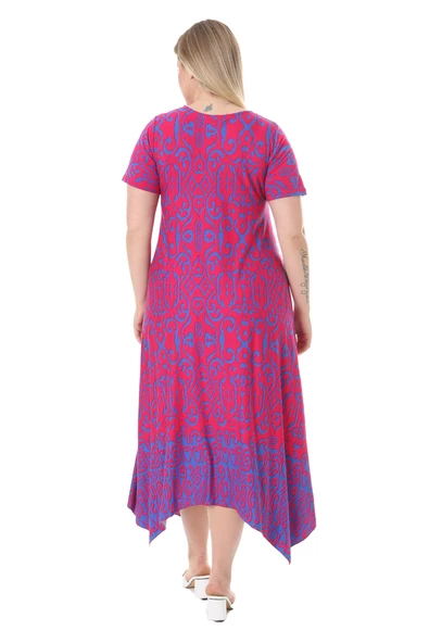 Melsay Butik Pembe Mavi Kilim Desen Asimetrik Kısa Kollu Elbise - Resim 5