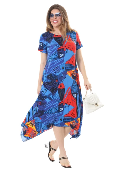 Melsay Butik Sax Balık Desen Asimetrik Kısa Kollu Elbise ürün görseli