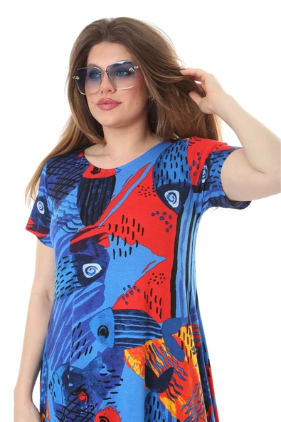 Melsay Butik Sax Balık Desen Asimetrik Kısa Kollu Elbise - Resim 5