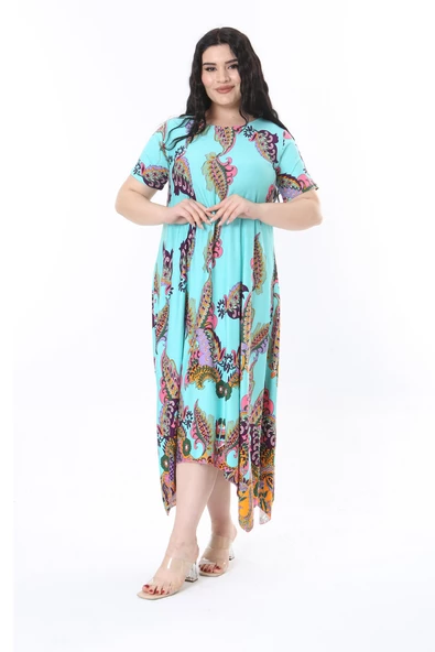 Melsay Butik Turkuaz Renkli Şal Desen Asimetrik Kısa Kollu Elbise - Resim 2
