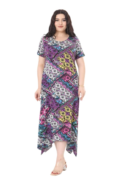 Melsay Butik Mor Patchwork Desen Asimetrik Kısa Kollu Elbise - 5