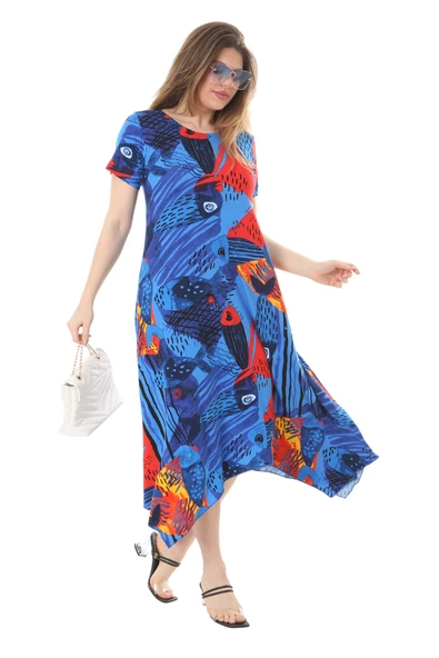 Melsay Butik Sax Balık Desen Asimetrik Kısa Kollu Elbise - Resim 2