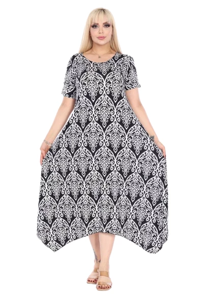 Melsay Butik Beyaz Dantel Desen Asimetrik Kısa Kollu Elbise - Resim 3