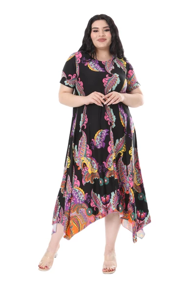 Melsay Butik Siyah Renkli Şal Desen Asimetrik Kısa Kollu Elbise - 4