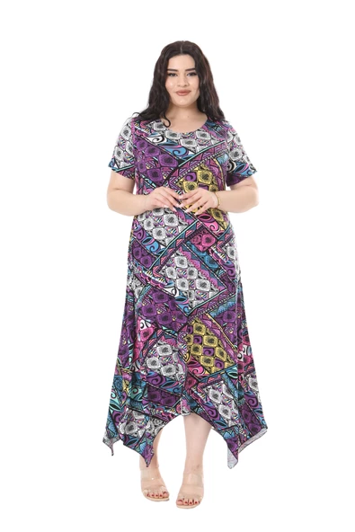 Melsay Butik Mor Patchwork Desen Asimetrik Kısa Kollu Elbise - 4