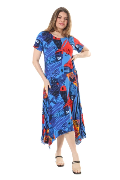 Melsay Butik Sax Balık Desen Asimetrik Kısa Kollu Elbise - Resim 3