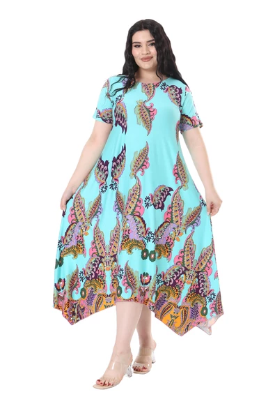 Melsay Butik Turkuaz Renkli Şal Desen Asimetrik Kısa Kollu Elbise - Resim 4