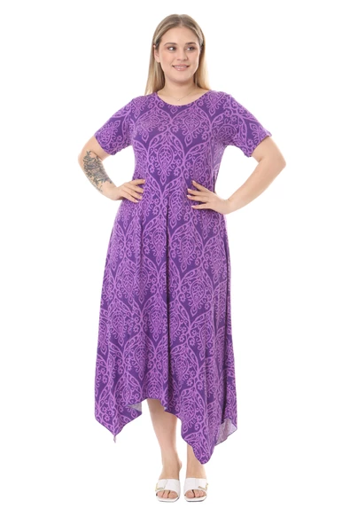 Melsay Butik Mor Dantel Desen Asimetrik Kısa Kollu Elbise - 3