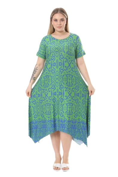 Melsay Butik Yeşil Mavi Kilim Desen Asimetrik Kısa Kollu Elbise - Resim 3