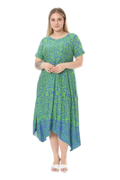 Melsay Butik Yeşil Mavi Kilim Desen Asimetrik Kısa Kollu Elbise - Resim 2