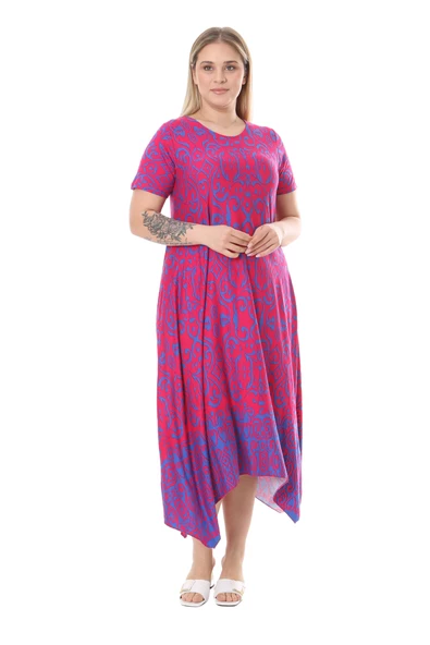 Melsay Butik Pembe Mavi Kilim Desen Asimetrik Kısa Kollu Elbise - Resim 3