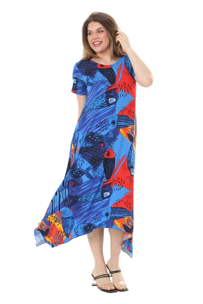 Melsay Butik Sax Balık Desen Asimetrik Kısa Kollu Elbise - Resim 4