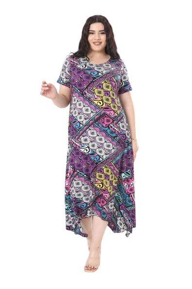 Melsay Butik Mor Patchwork Desen Asimetrik Kısa Kollu Elbise - 3