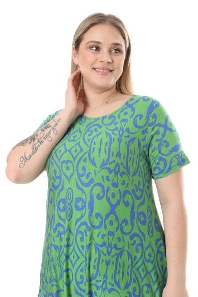 Melsay Butik Yeşil Mavi Kilim Desen Asimetrik Kısa Kollu Elbise - Resim 4