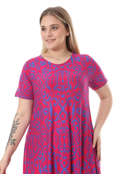 Melsay Butik Pembe Mavi Kilim Desen Asimetrik Kısa Kollu Elbise - Resim 4