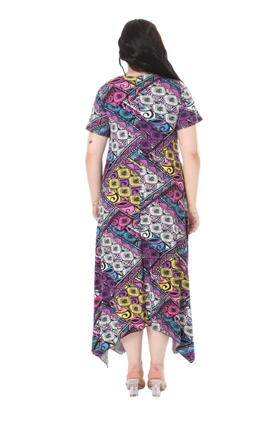 Melsay Butik Mor Patchwork Desen Asimetrik Kısa Kollu Elbise - 6