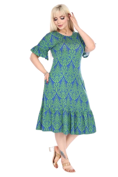 Melsay Butik Fırfırlı Kısa Kollu Yeşil Dantel Desenli Kadın Midi Elbise - 2