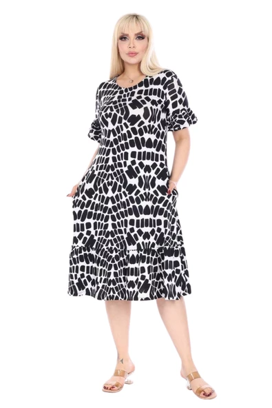 Melsay Butik Fırfırlı Kısa Kollu Beyaz Taş Desenli Kadın Cepli Midi Elbise - Resim 3