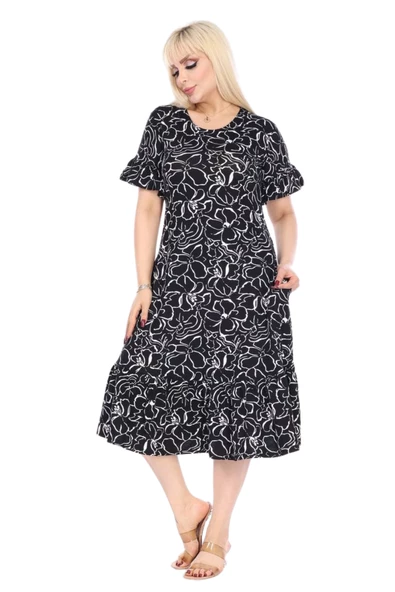 Melsay Butik Fırfırlı Kısa Kollu Siyah Çiçek Desenli Cepli Elbise - 3