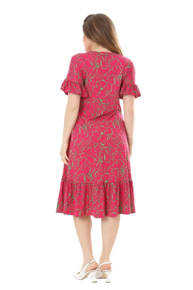 Melsay Butik Fırfırlı Kısa Kollu Pembe Çiçek Desenli Cepli Elbise - 6