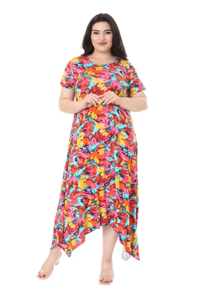 Melsay Butik Sarı Gül Desen Asimetrik Kısa Kollu Elbise - 4