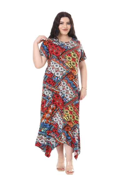 Melsay Butik Mavi Patchwork Desen Asimetrik Kısa Kollu Elbise - Resim 5