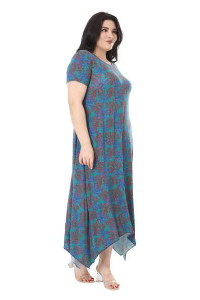 Melsay Butik Mavi Kırmızı Mercan Desen Asimetrik Kısa Kollu Elbise - Resim 3