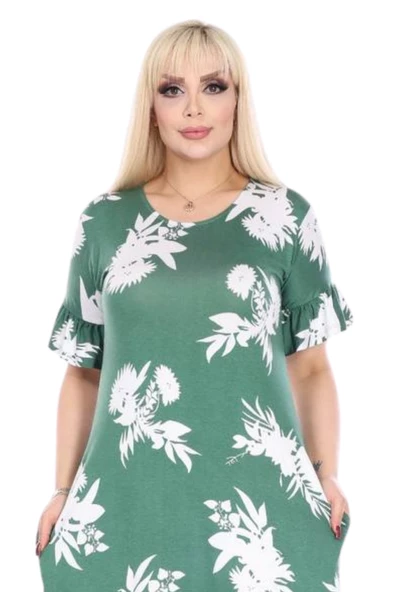 Melsay Butik Fırfırlı Kısa Kollu Yeşil Beyaz Yaprak Desenli Cepli Elbise - Resim 3