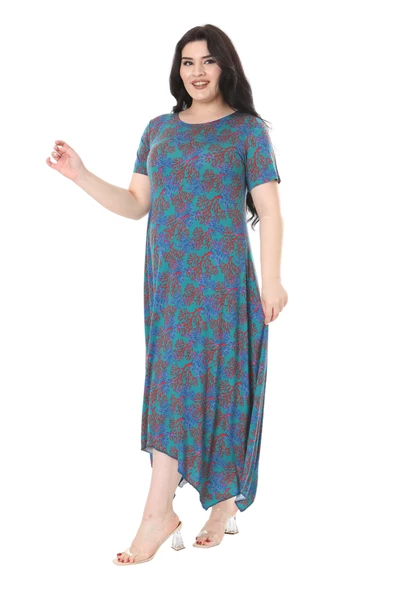 Melsay Butik Mavi Kırmızı Mercan Desen Asimetrik Kısa Kollu Elbise - Resim 2