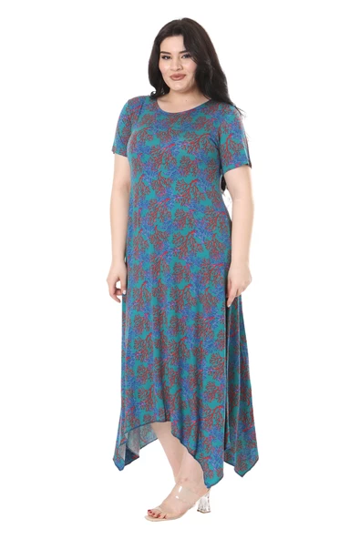 Melsay Butik Mavi Kırmızı Mercan Desen Asimetrik Kısa Kollu Elbise - Resim 4