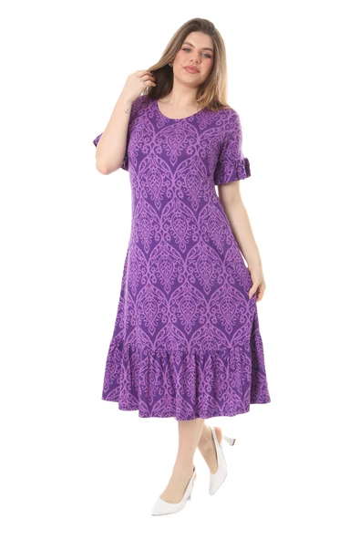 Melsay Butik Fırfırlı Kısa Kollu Mor Dantel Desenli Kadın Cepli Midi Elbise