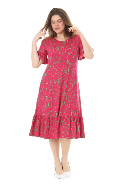 Melsay Butik Fırfırlı Kısa Kollu Pembe Çiçek Desenli Cepli Elbise - 3