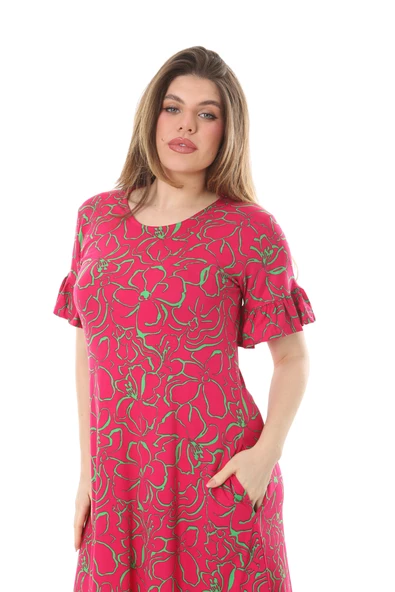 Melsay Butik Fırfırlı Kısa Kollu Pembe Çiçek Desenli Cepli Elbise - 5