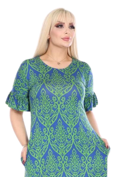 Melsay Butik Fırfırlı Kısa Kollu Yeşil Dantel Desenli Kadın Midi Elbise - 4
