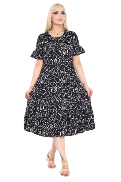 Melsay Butik Fırfırlı Kısa Kollu Siyah Çiçek Desenli Cepli Elbise - 2
