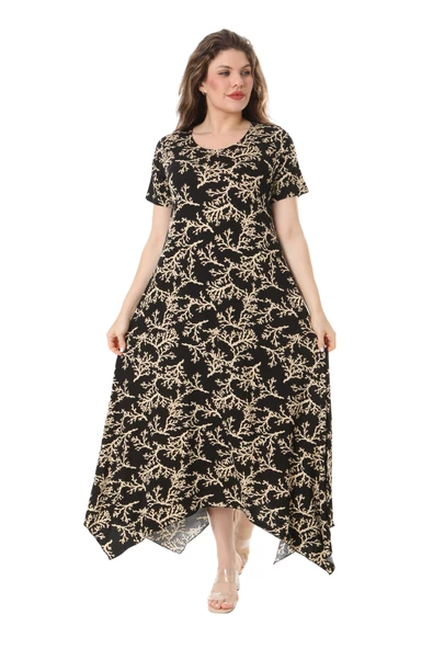 Melsay Butik Siyah Vizon Mercan Desen Asimetrik Kısa Kollu Elbise