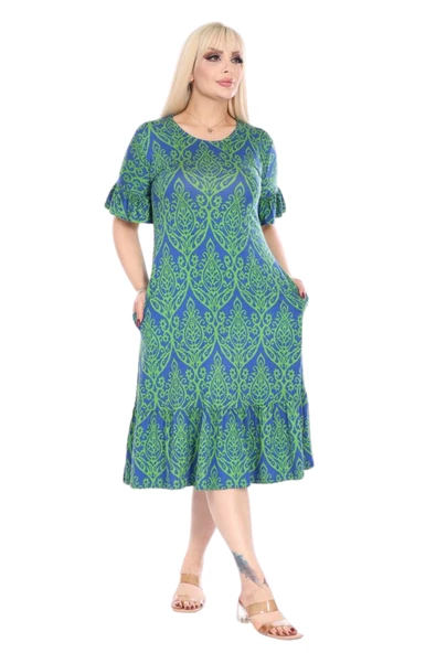 Melsay Butik Fırfırlı Kısa Kollu Yeşil Dantel Desenli Kadın Midi Elbise - 3
