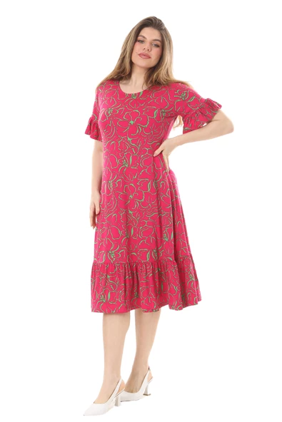 Melsay Butik Fırfırlı Kısa Kollu Pembe Çiçek Desenli Cepli Elbise - 2