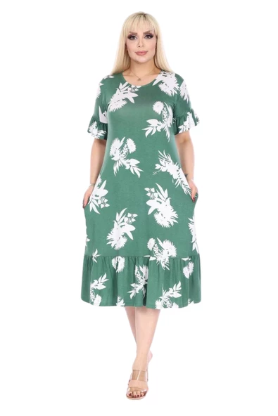 Melsay Butik Fırfırlı Kısa Kollu Yeşil Beyaz Yaprak Desenli Cepli Elbise - Resim 2