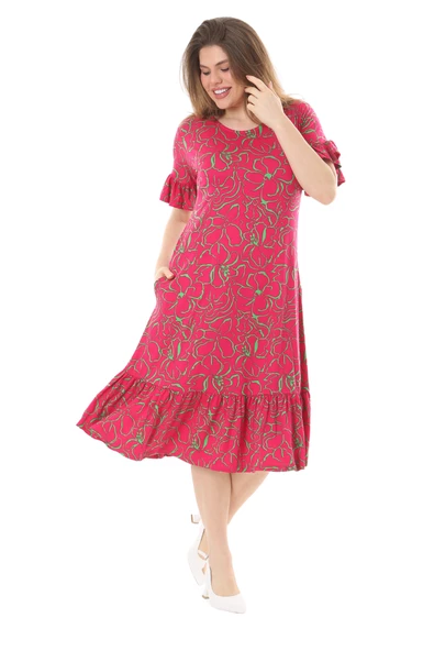 Melsay Butik Fırfırlı Kısa Kollu Pembe Çiçek Desenli Cepli Elbise - 4