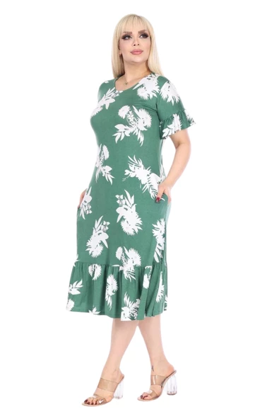 Melsay Butik Fırfırlı Kısa Kollu Yeşil Beyaz Yaprak Desenli Cepli Elbise - Resim 4