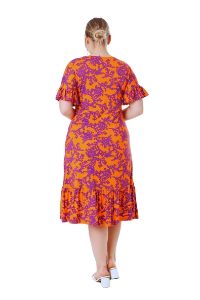 Melsay Butik Kısa Kollu Fırfırlı Cepli Turuncu Mor Mercan Desenli Midi Elbise - 5