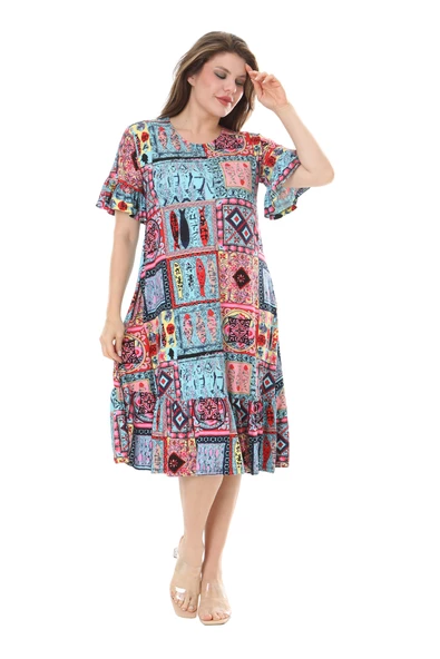 Melsay Butik Kısa Kollu Fırfırlı Cepli Mavi Çini Desenli Midi Elbise - Resim 4