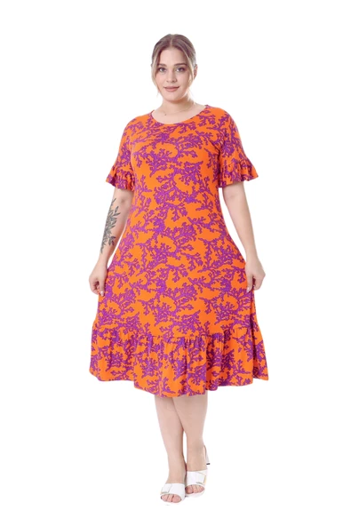 Melsay Butik Kısa Kollu Fırfırlı Cepli Turuncu Mor Mercan Desenli Midi Elbise - 2