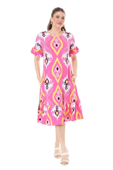 Melsay Butik Kısa Kollu Fırfırlı Cepli Pembe Motif Desenli Midi Elbise - 2