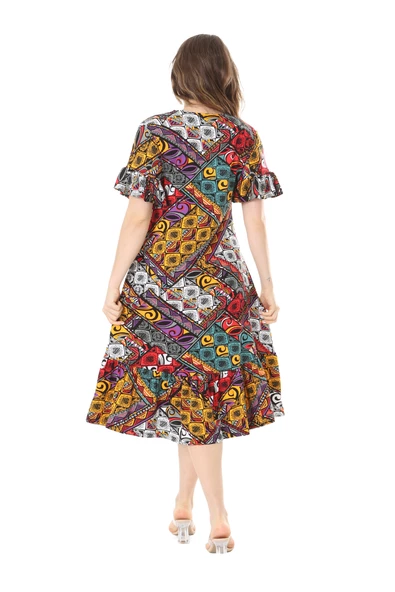 Melsay Butik Kısa Kollu Fırfırlı Cepli Sarı Patchwork Desenli Midi Elbise - 6